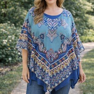 Ruby Rd Woman 1X Boho Paisley Print Handkerchief Hem Tunic Top‎ Blue Pink Floral